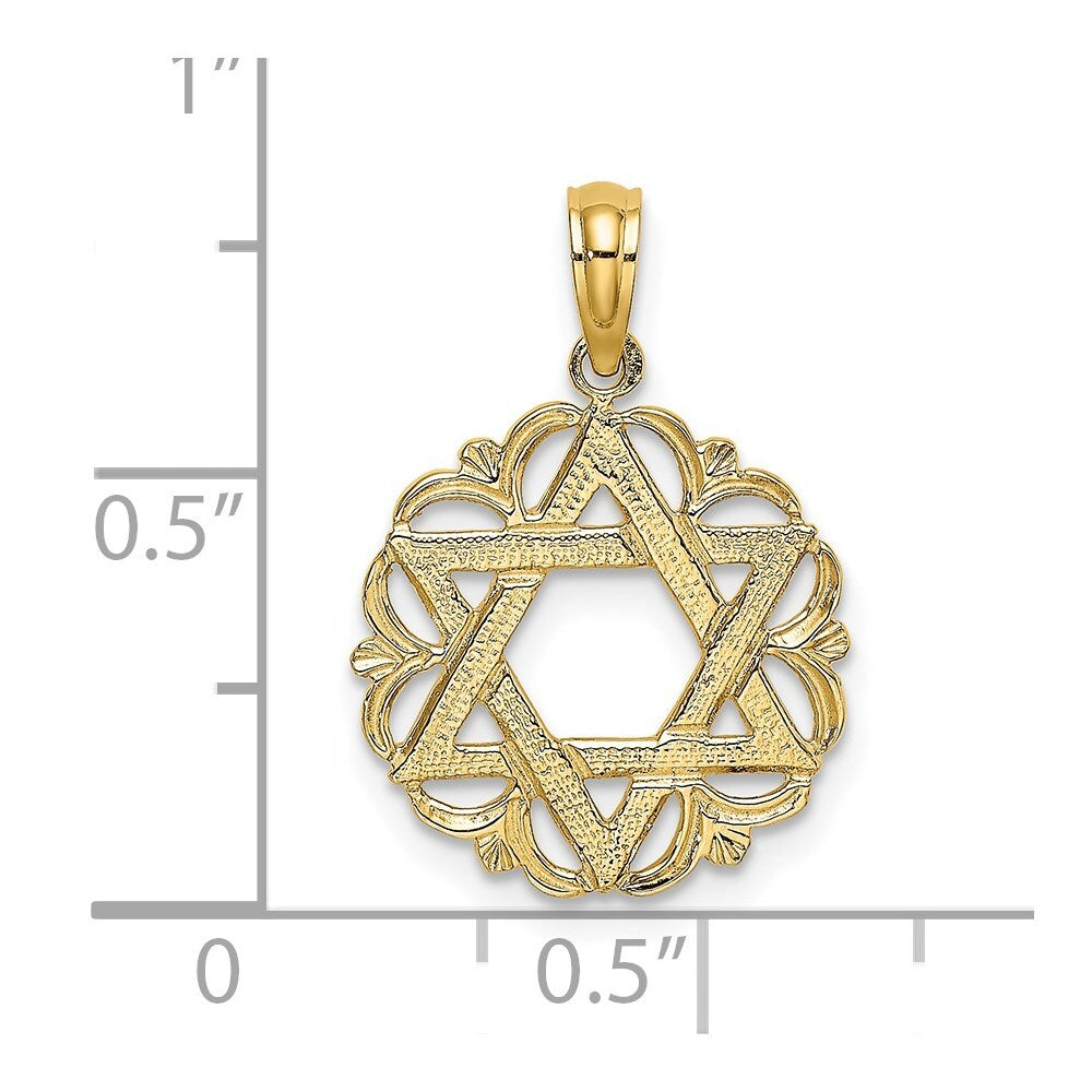 14k Yellow Gold Star Of David In Scalloped Circle Charm Pendant for Women