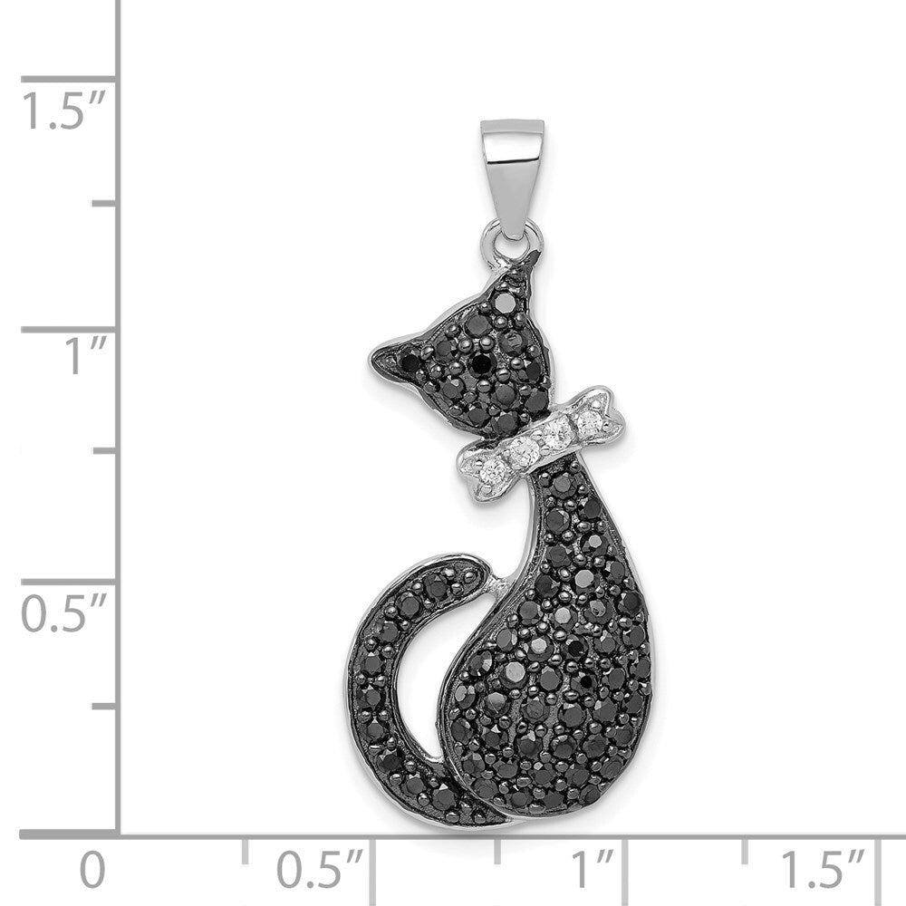 Sterling Silver Rhodium-plated Black & White Cubic Zirconia Cat with Bow Pendant
