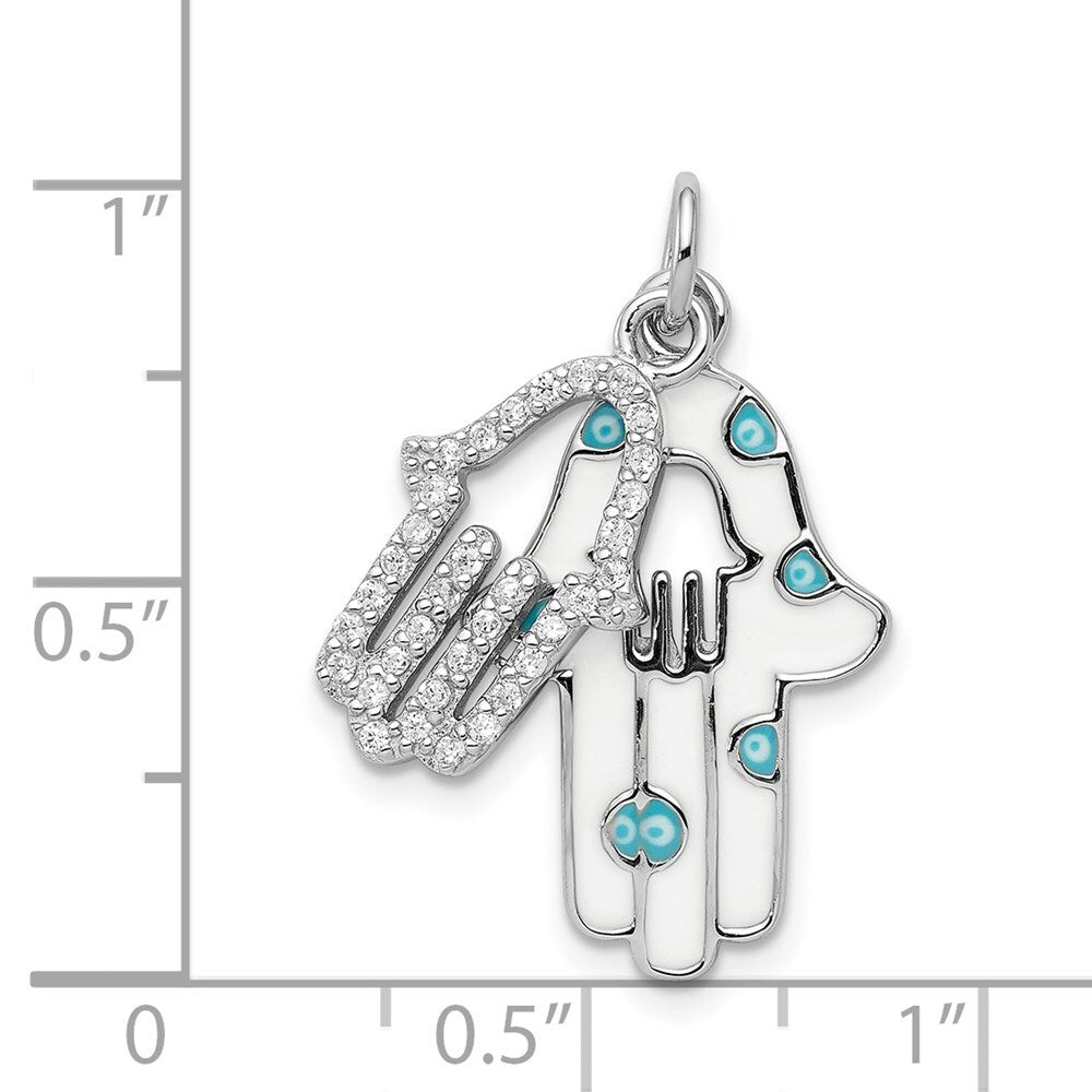 Sterling Silver Rhodium-plated Enamel Hamsa w/Cubic Zirconia pendant