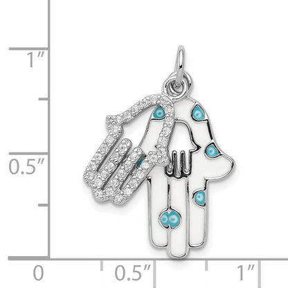 Sterling Silver Rhodium-plated Enamel Hamsa w/Cubic Zirconia pendant