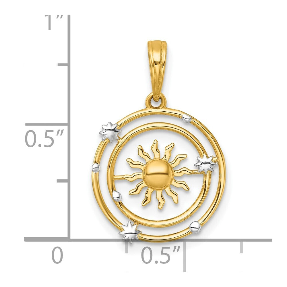 14k Yellow Gold White Rhodium Polished Sun With Solar System Orbit Charm Pendant
