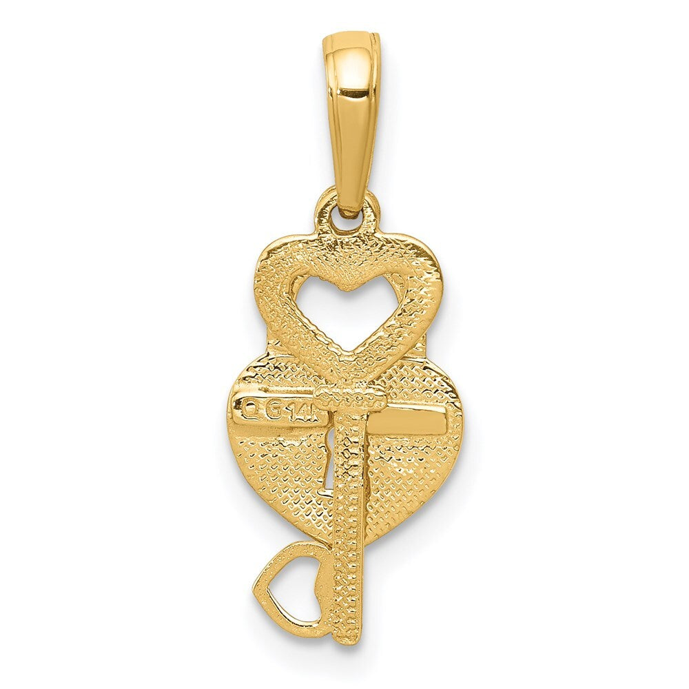 14k Yellow Gold Polished Moveable Heart Key and Heart Lock Charm Pendant