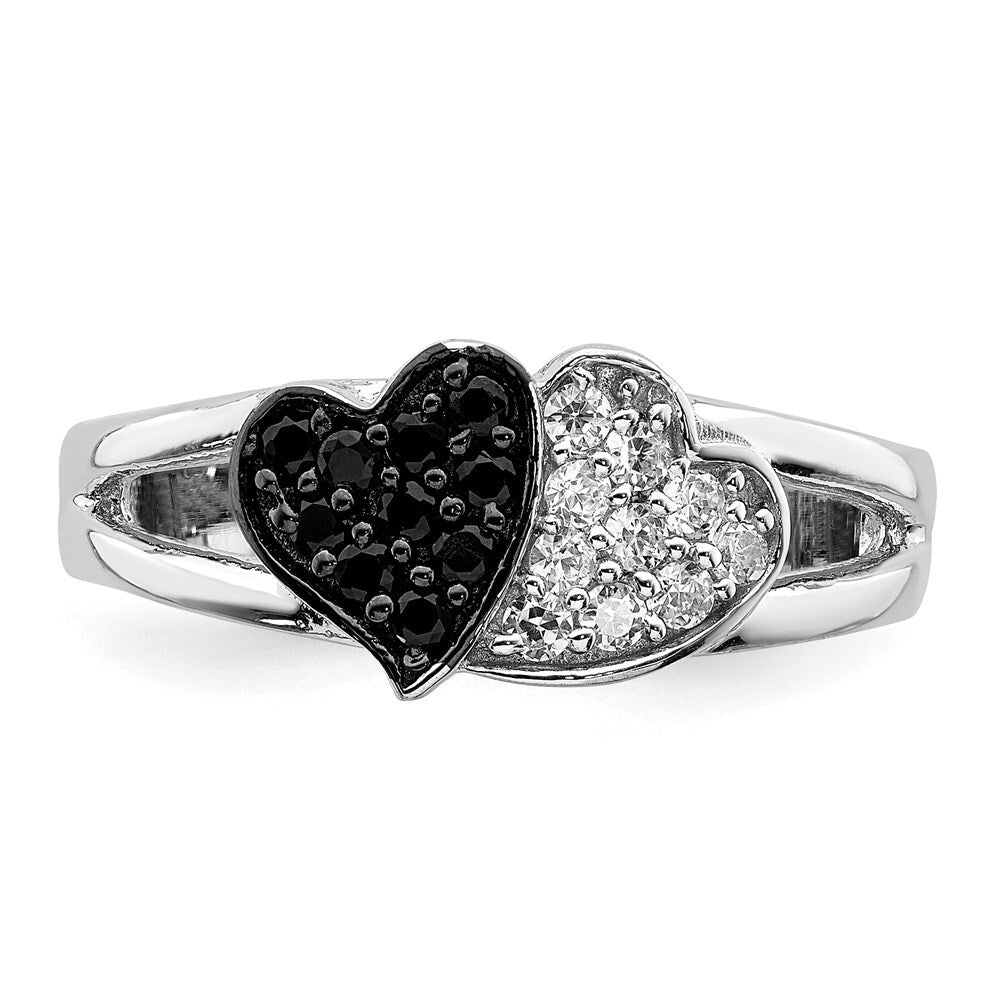 Sterling Silver Rhodium Clear & Black Cubic Zirconia Hearts Ring Size 7