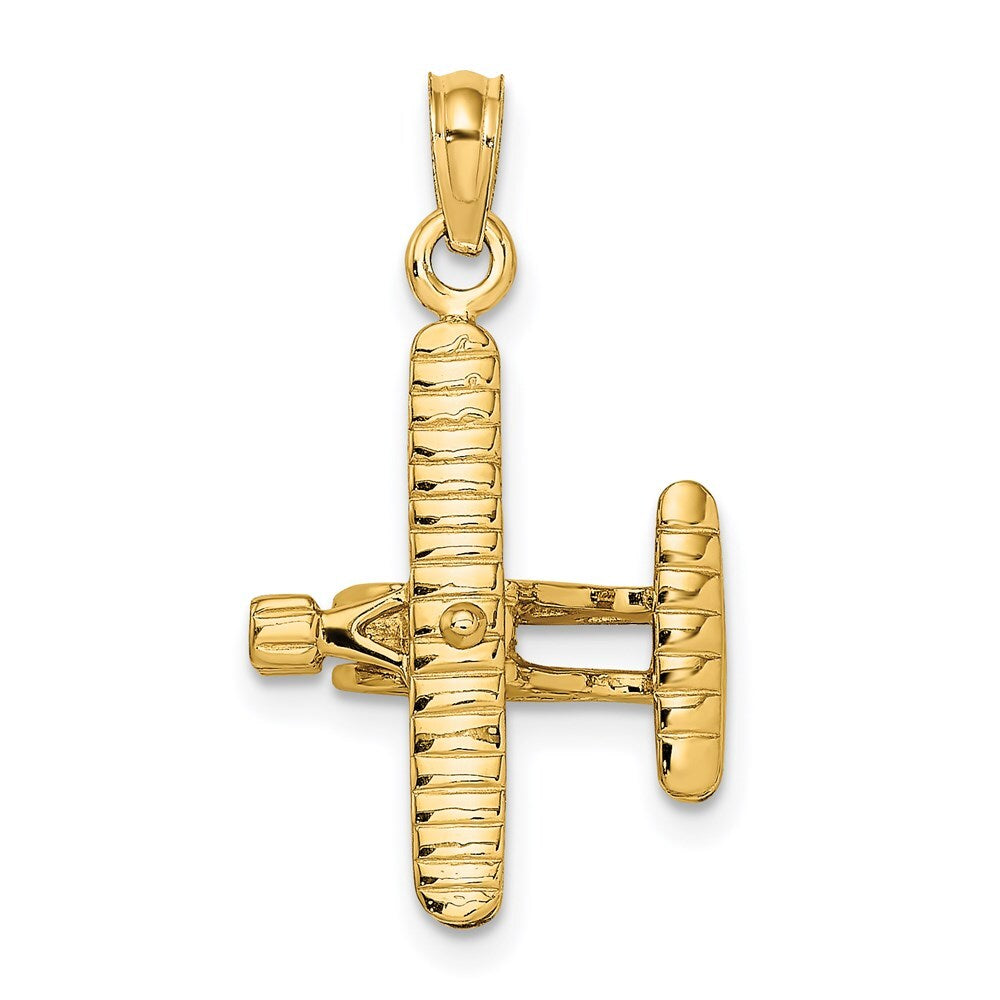 14k Yellow Gold 3-D Bi-Plane with Ribbed Wings Charm