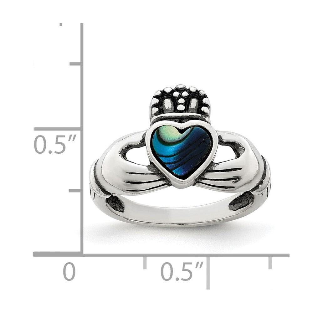 Sterling Silver Antiqued Abalone Inlay and Black Enamel Claddagh Ring Size 8