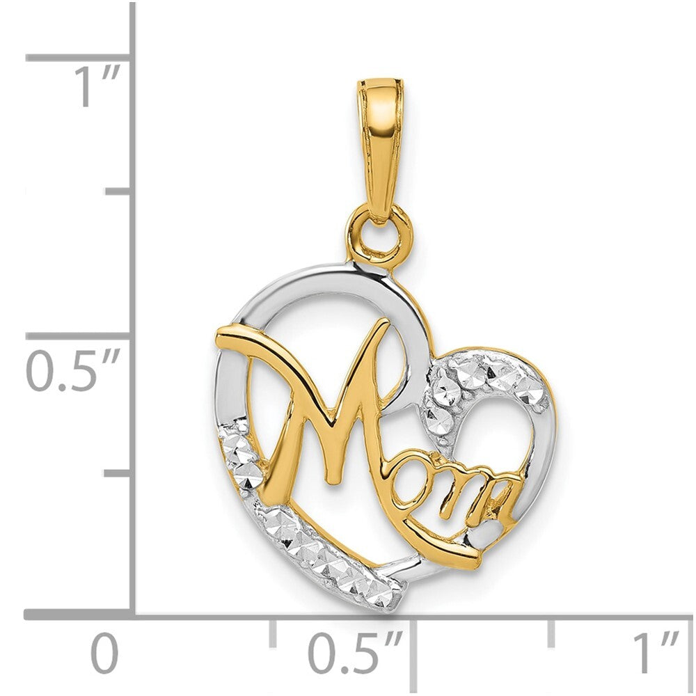 14k Yellow Gold and White Rhodium Diamond-Cut Heart Mom Pendant for Women