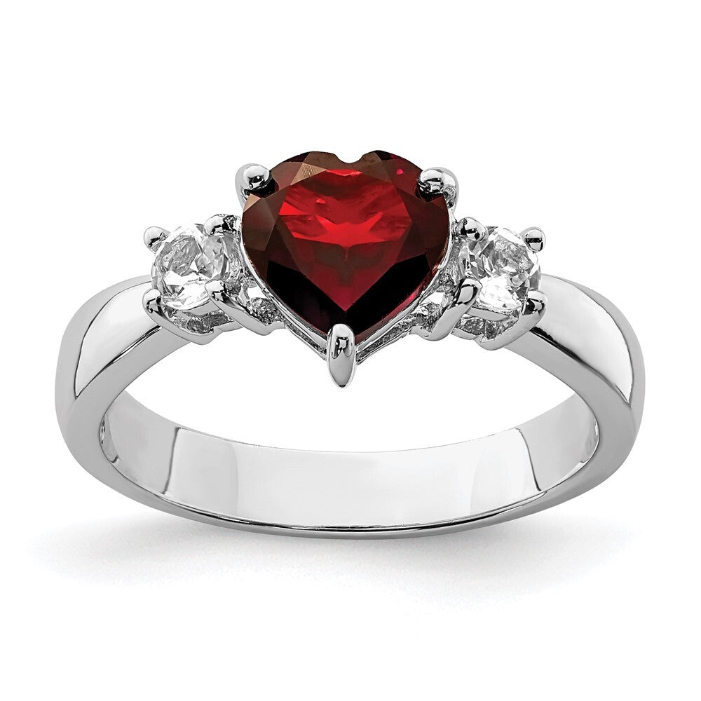 Sterling Silver Rhodium-plated Heart Garnet & White Topaz Ring Size 8