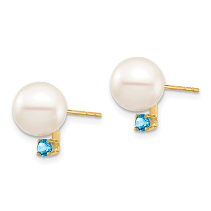 14k Yellow Gold 8-8.5mm Cultured Pearl & Swiss Blue Topaz Stud Earrings
