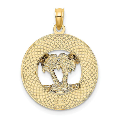 14k Yellow Gold Florida Enamel Palm Trees Circle Charm Pendant for Women