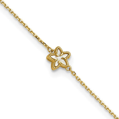 14k Yellow Gold Polished Mother of Pearl Flower 10" Anklet