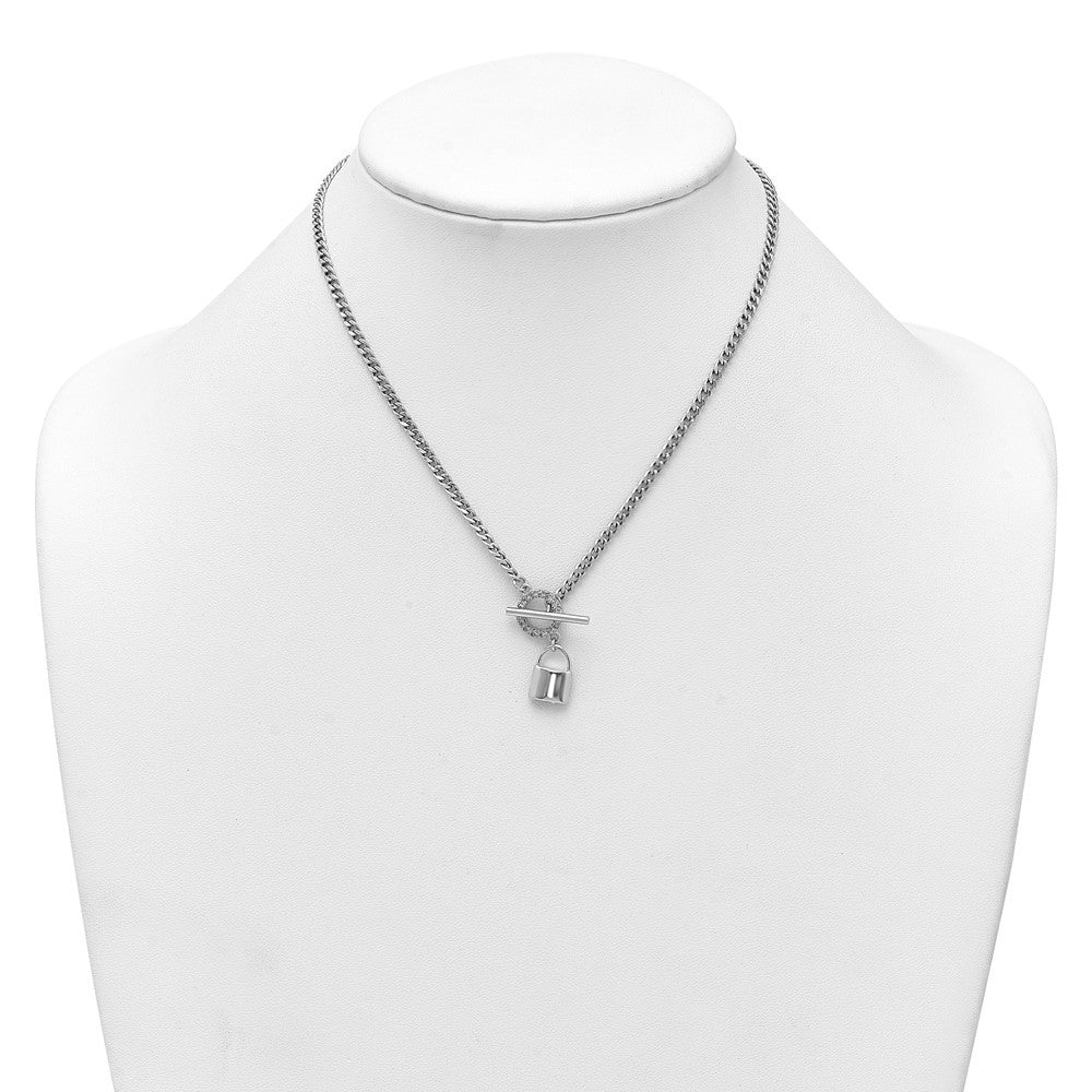 Sterling Silver Rhodium-plated CZ Lock Pendant Toggle Necklace 16" with 2" ext