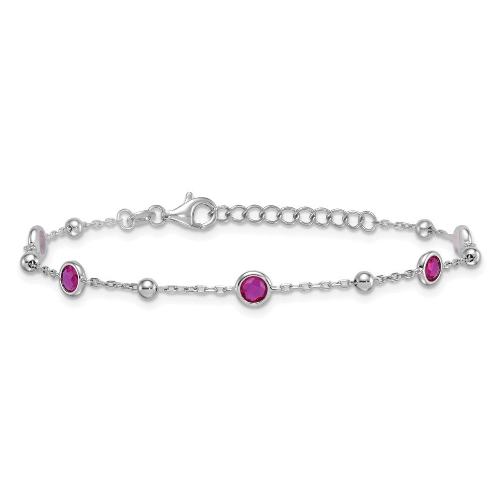 Sterling Silver and Beaded Bezel-set Round Red CZ 7" with 1" Ext Bracelet
