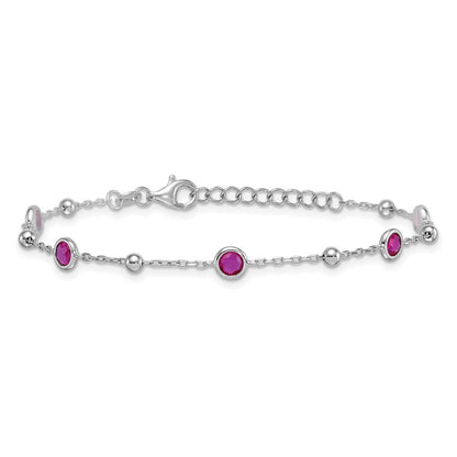 Sterling Silver and Beaded Bezel-set Round Red CZ 7" with 1" Ext Bracelet