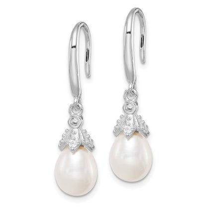 Sterling Silver White Teardrop Cultured Pearl & Cubic Zirconia Dangle Earrings