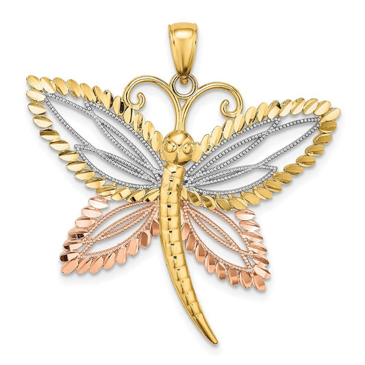14k Two-Tone Gold with White Rhodium Dragonfly w Beaded Diamond-Cut Wings Charm