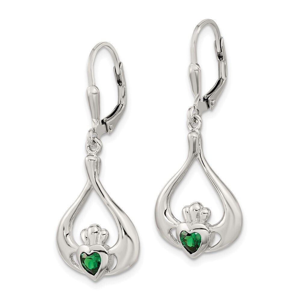 Sterling Silver Cubic Zirconia Heart Leverback Claddagh Dangle Earrings