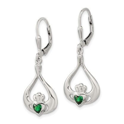 Sterling Silver Cubic Zirconia Heart Leverback Claddagh Dangle Earrings