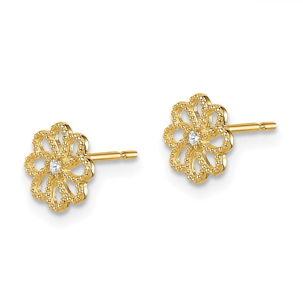 14k Yellow Gold Cubic Zirconia Flower Stud Earrings Gift for Women