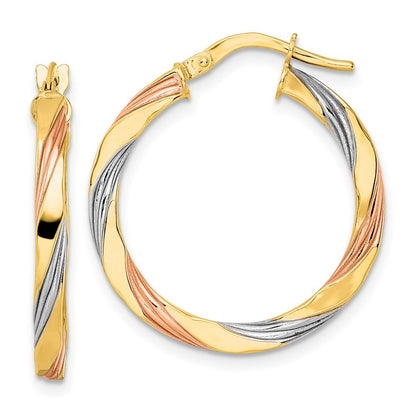 14k Yellow Gold W/Rose & White Rhodium Polished Twisted Hoop Earrings