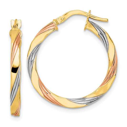 14k Yellow Gold W/Rose & White Rhodium Polished Twisted Hoop Earrings