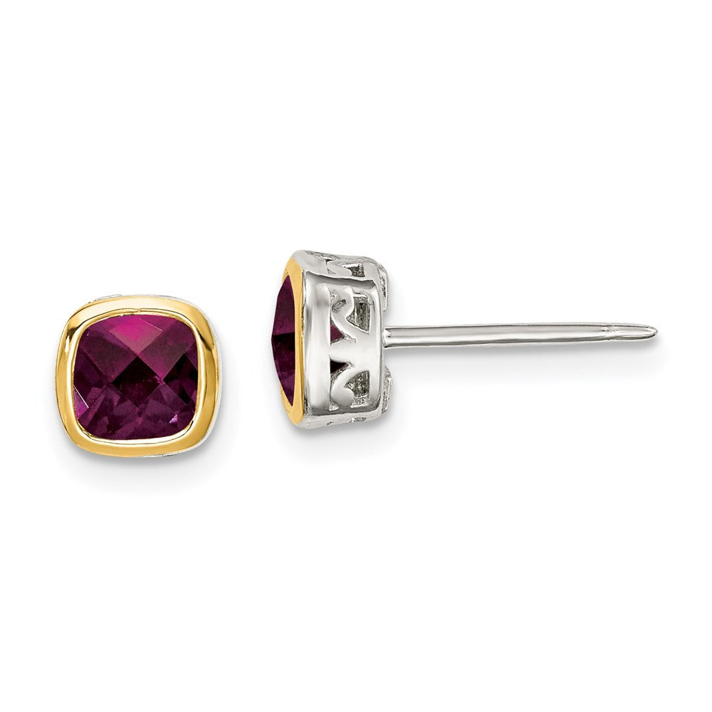 Sterling Silver with 14k Accent Rhodolite Garnet Square Stud Earrings