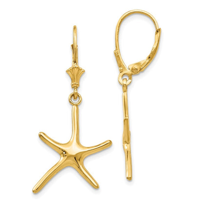 14k Yellow Gold Dancing Starfish Drop Dangle Earrings