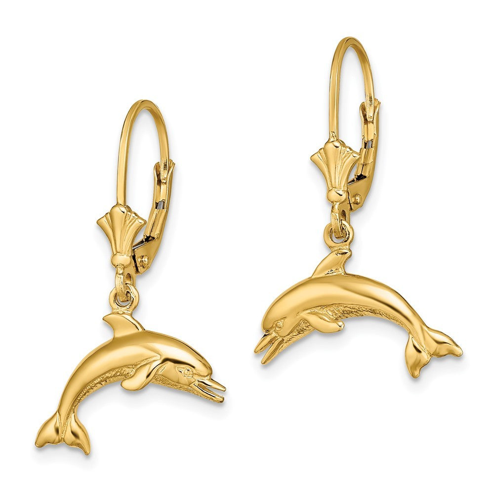 14k Yellow Gold Jumping Dolphin Drop Dangle Earrings