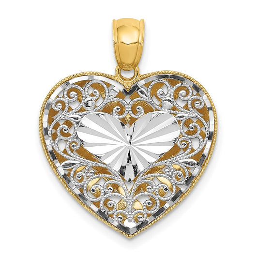14k Two-tone Gold  Polished Reversible Diamond-cut Filigree Heart Pendant