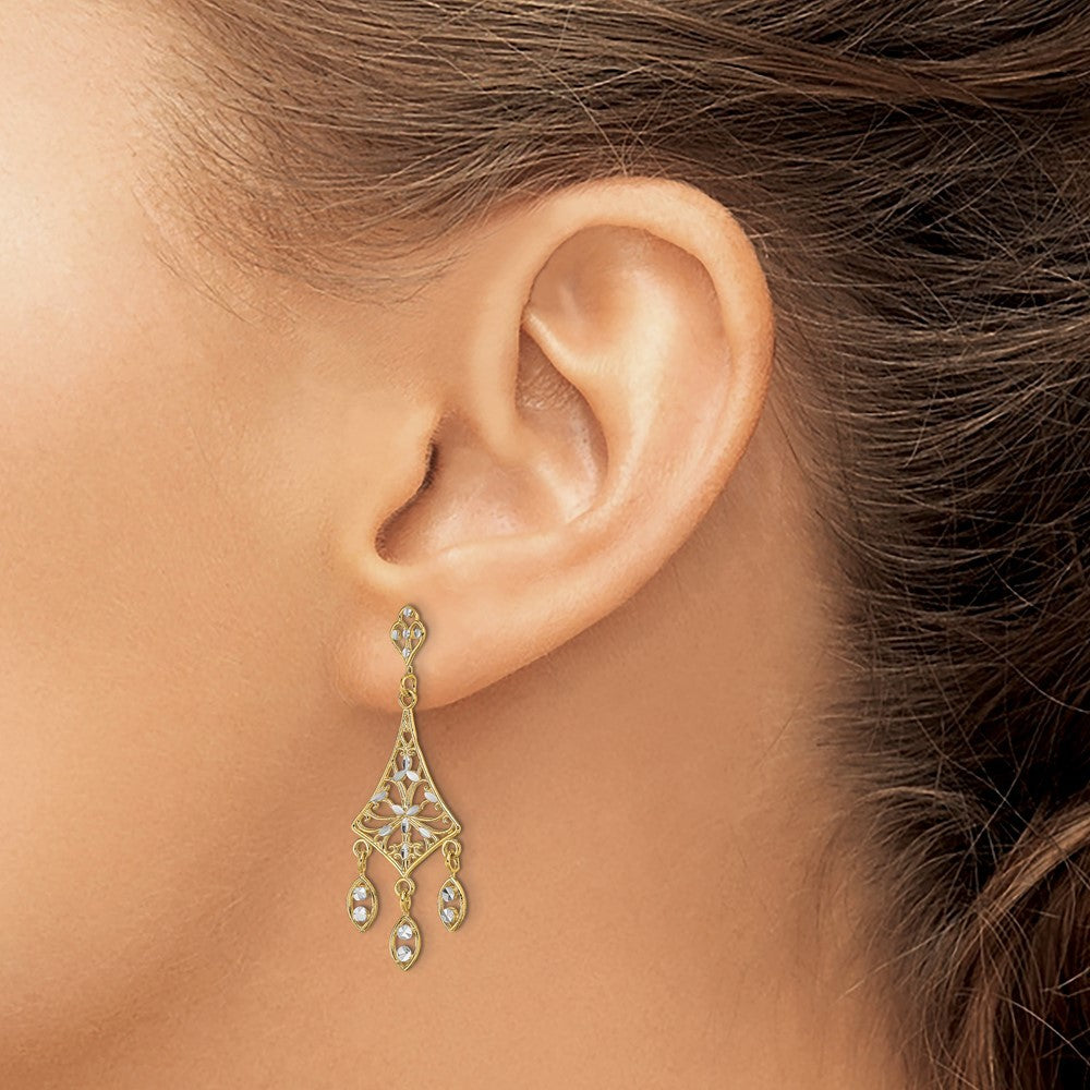 14k Yellow Gold w/Rhodium Filigree Diamond-Cut Chandelier Dangle Earrings