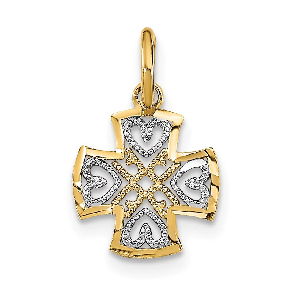 14k Yellow Gold and White Rhodium Small Diamond-cut Hearts Maltese Cross Charm