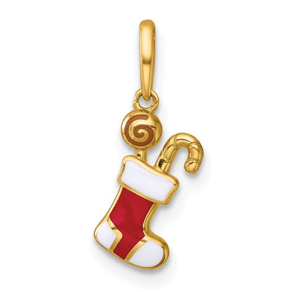 14k Yellow Gold Red and White Epoxy Christmas Stocking with Candy Pendant