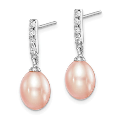 Sterling Silver Pink Teardrop Cultured Pearl & Cubic Zirconia Dangle Earrings