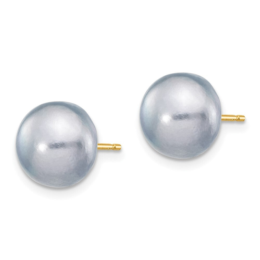 14k Yellow Gold 9-10mm Grey Button Freshwater Cultured Pearl Stud Earrings