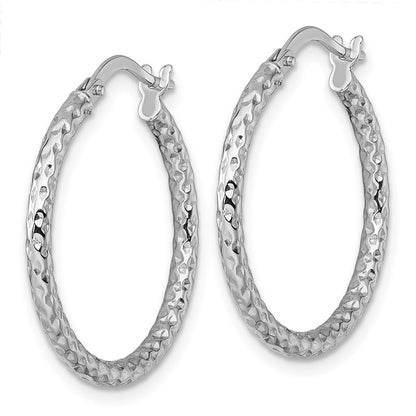 14k White Gold Polished Diamond-cut Textured 2 x 23mm Tube Hoop Earrings