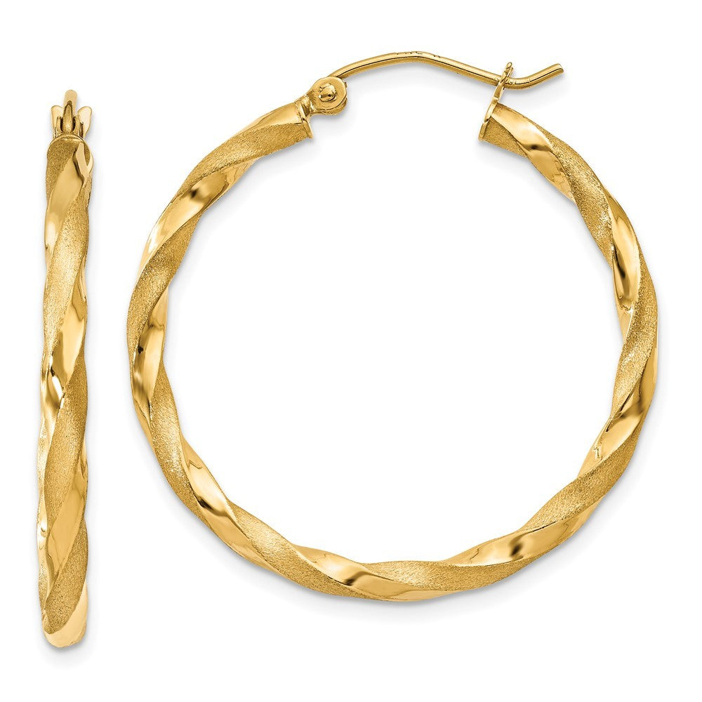 14k Yellow Gold Polished & Satin Twisted Hoop Earrings