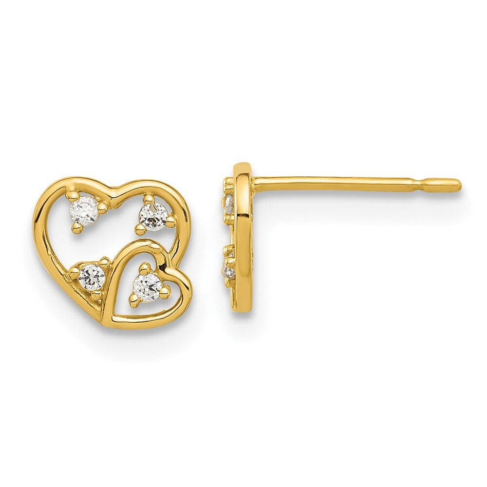 14k Yellow Gold Polished Cubic Zirconia Hearts Stud Earrings Gift for Women