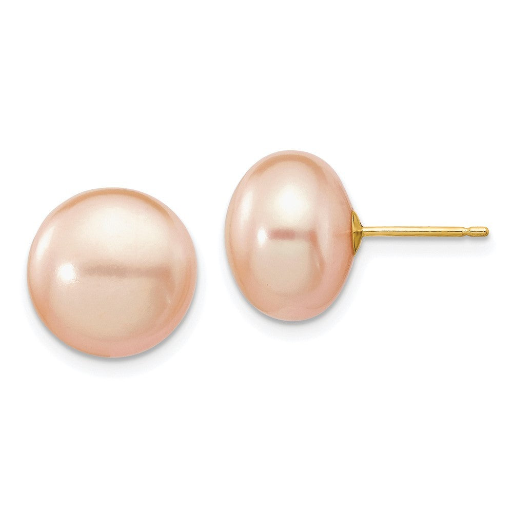 14k Yellow Gold 11-12mm Pink Button Freshwater Cultured Pearl Stud Post Earrings