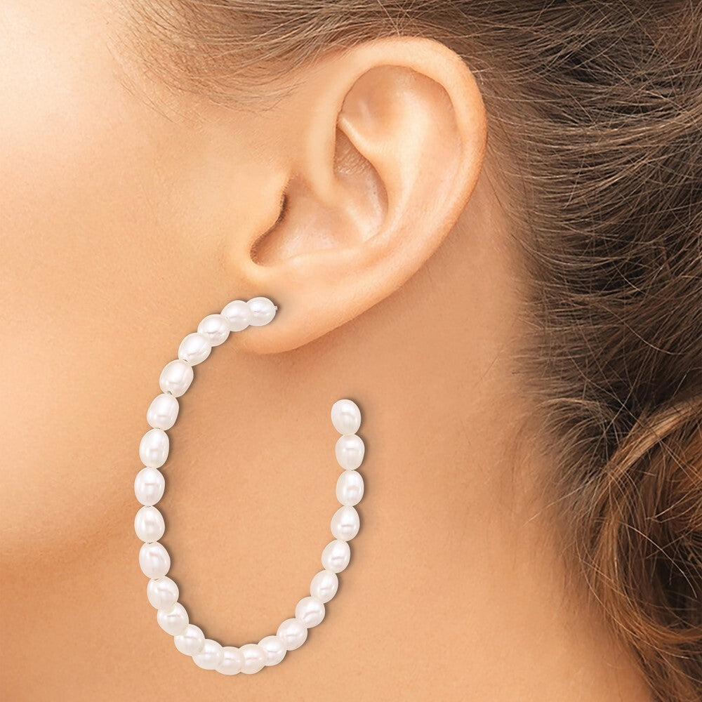 Sterling Silver 5-6mm White Rice Freshwater Cultured Pearl Post C-Hoop Earrings