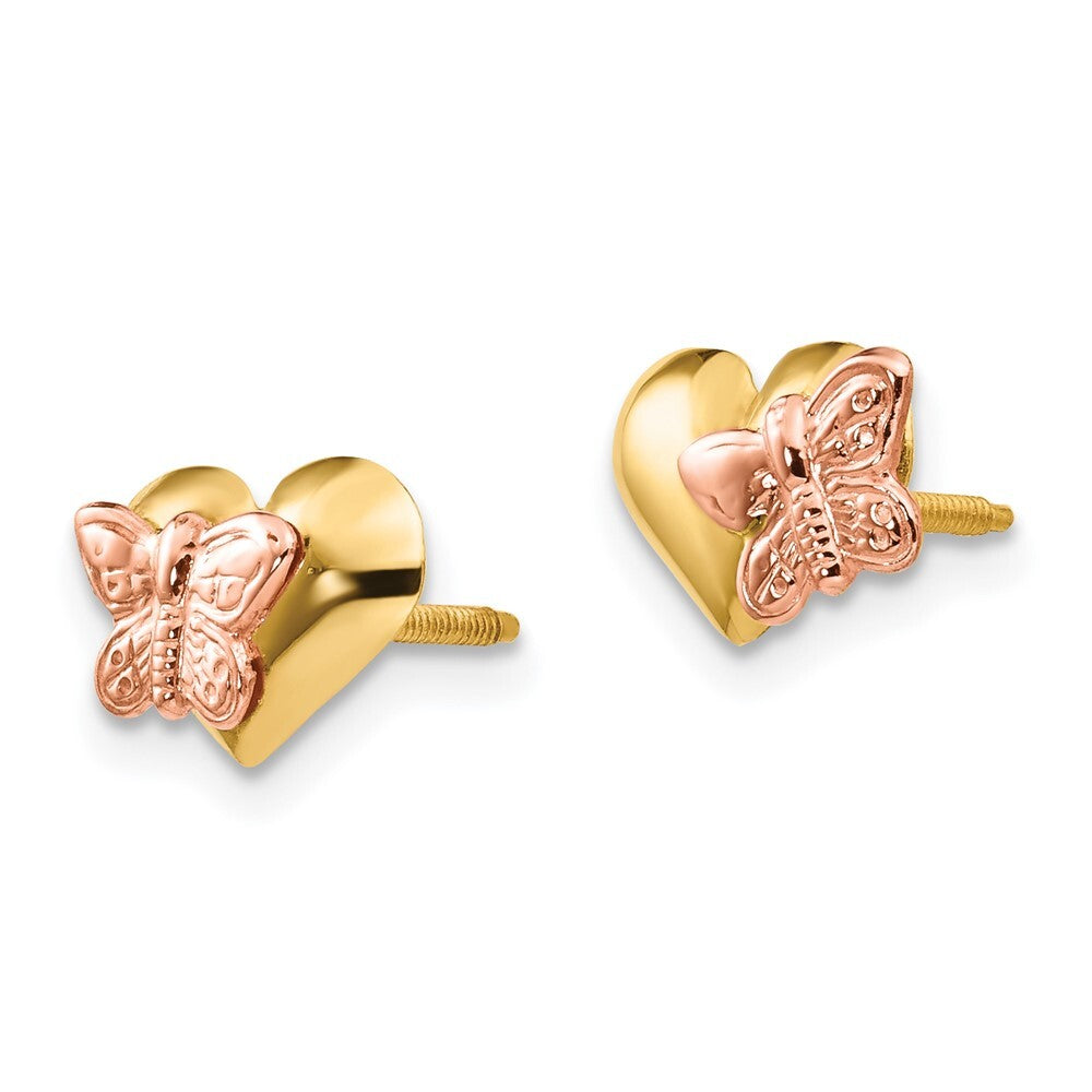 14k Yellow Gold Polished & Rhodium Butterfly Heart Screwback Stud Earrings