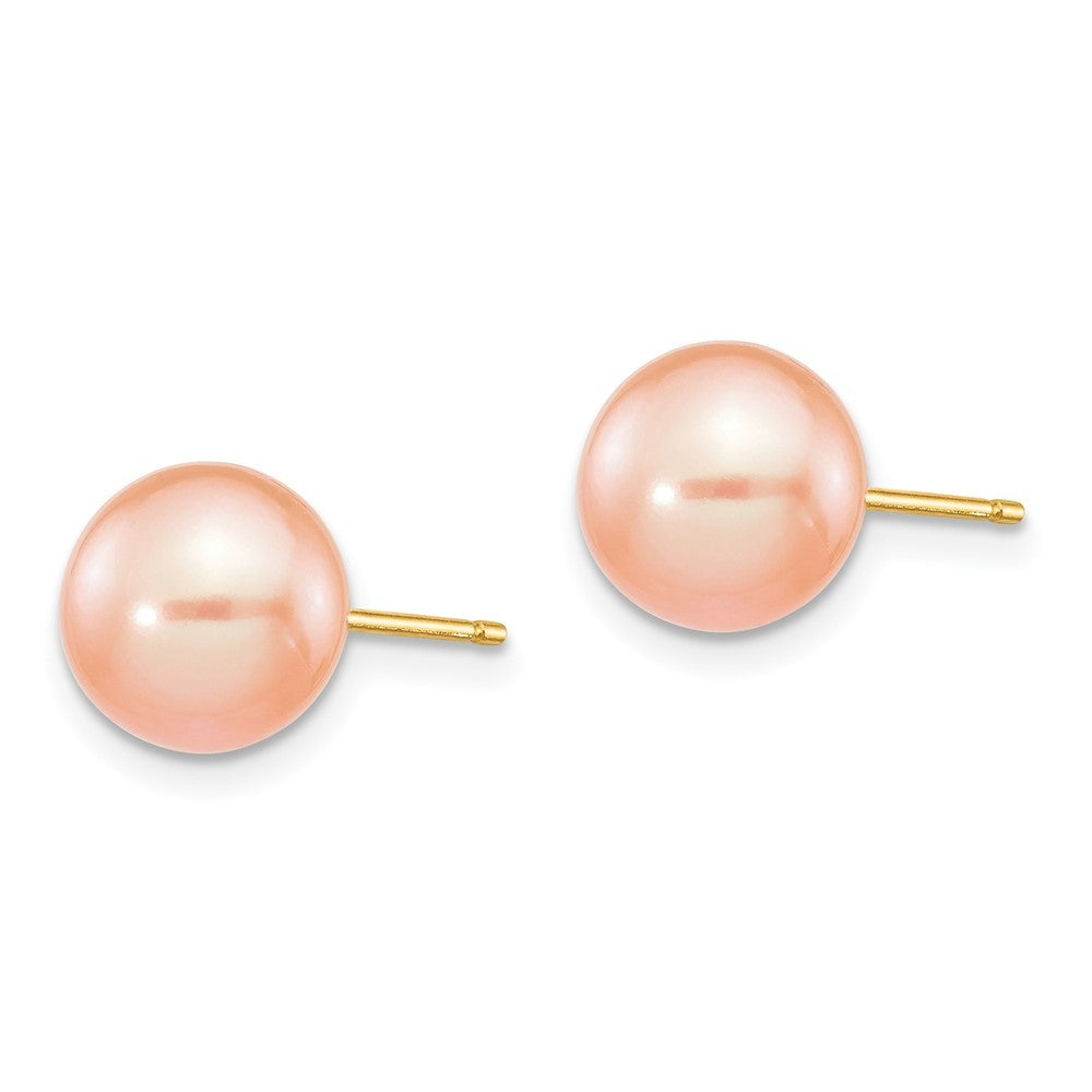 14k Yellow Gold 8-9mm Pink Round Freshwater Cultured Pearl Stud Post Earrings