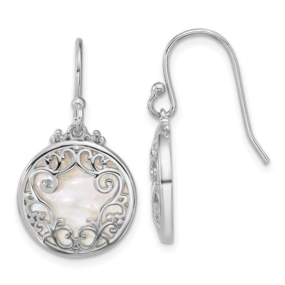 Sterling Silver Polished Filigree Mother of Pearl Circle Dangle Earrings
