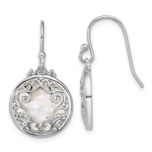 Sterling Silver Polished Filigree Mother of Pearl Circle Dangle Earrings