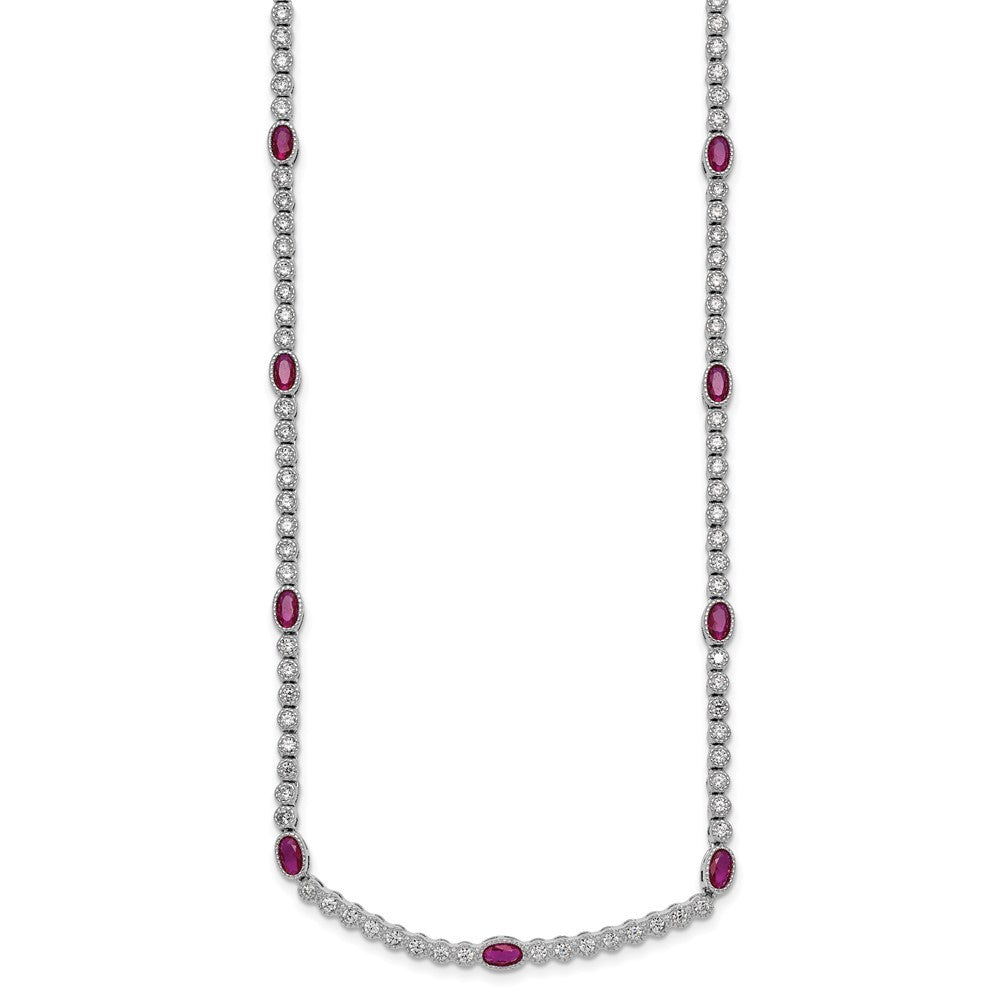 Sterling Silver and Beaded Fancy Oval Red and Round White CZ 17" Necklace