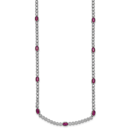 Sterling Silver and Beaded Fancy Oval Red and Round White CZ 17" Necklace