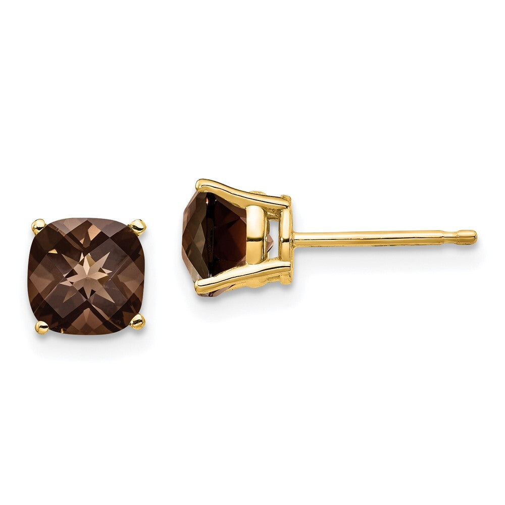 14k Yellow Gold 6mm Cushion Smoky Quartz Earrings Gift for Women