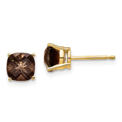 14k Yellow Gold 6mm Cushion Smoky Quartz Earrings Gift for Women