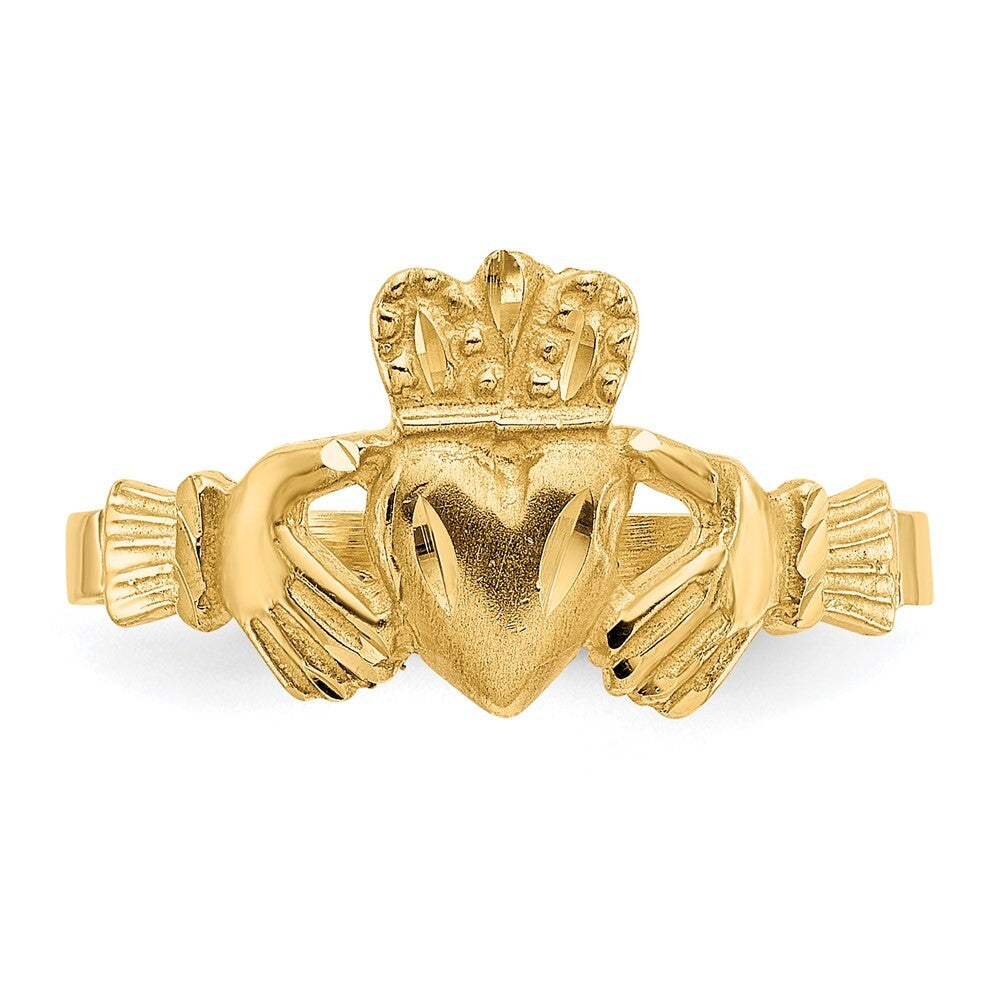 14K Yellow Gold Satin and Diamond-cut Claddagh Ring