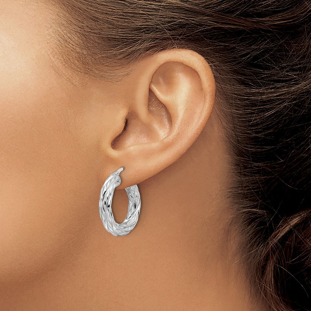14k White Gold Polished 4.75mm Woven Texture Round Hoop Earrings Gift for Women