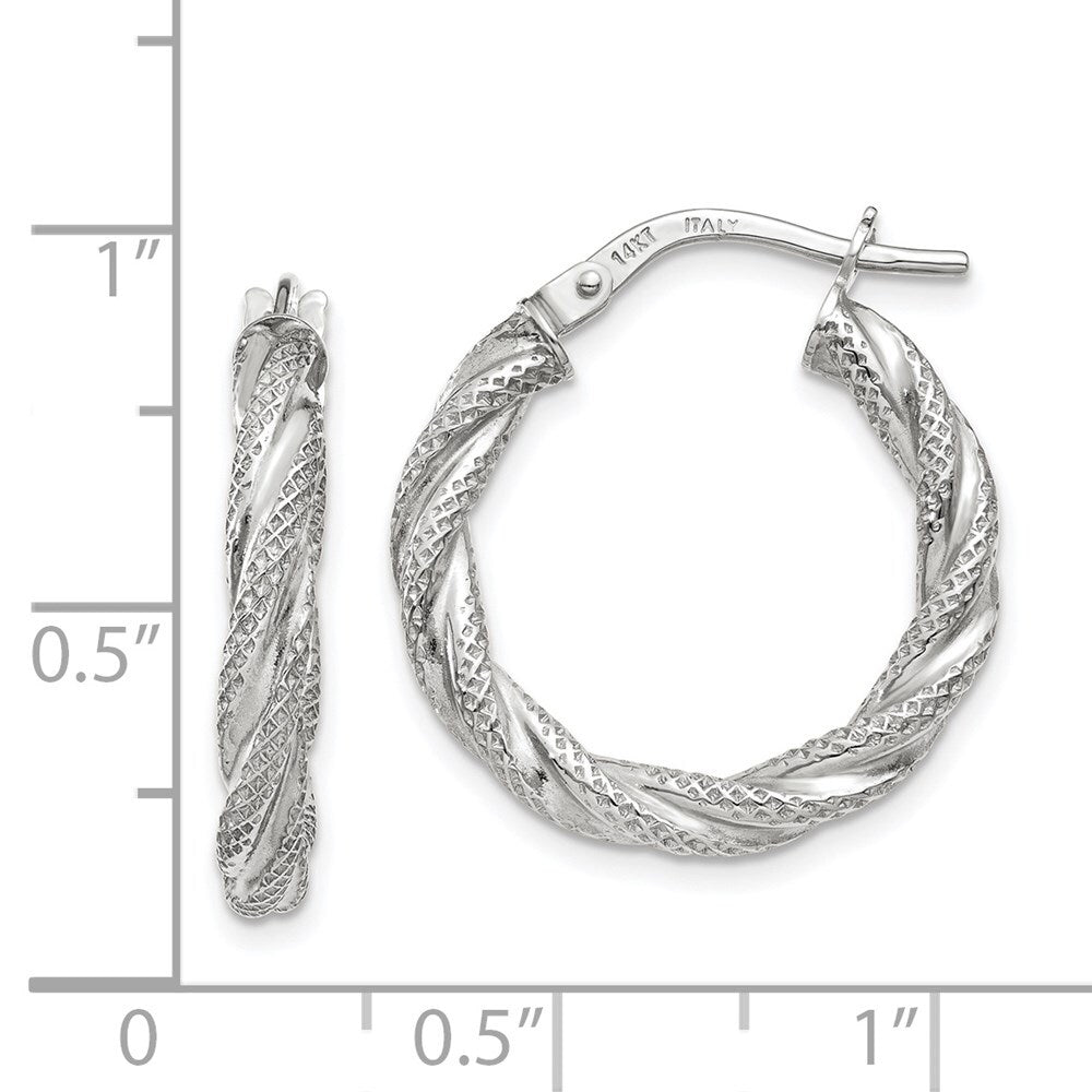 14K White Gold Twisted Textured Hoop Earrings Gift for Women