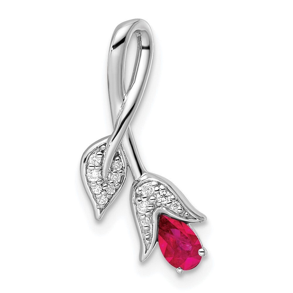 14k White Gold Ruby and Diamond Floral Chain Slide Pendant for Women